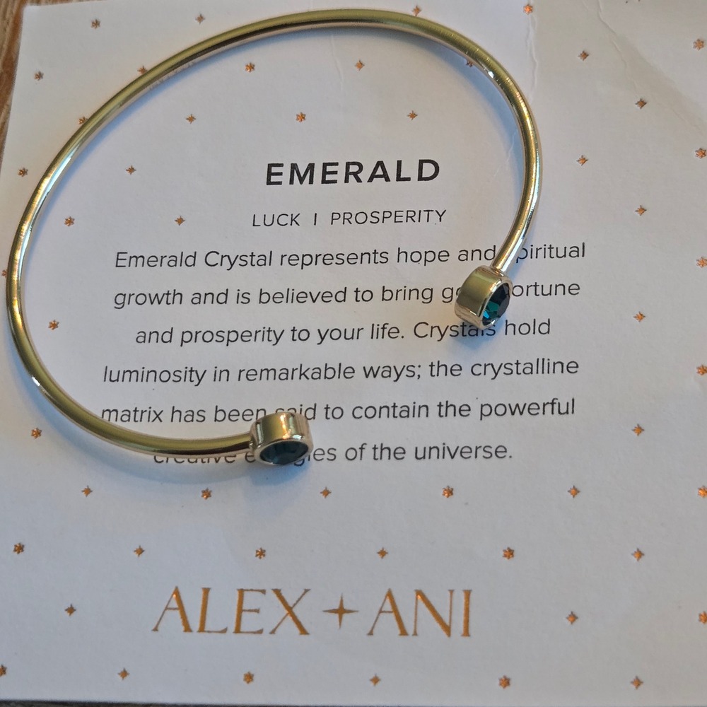 Alex and Ani Emerald Crystal Cuff Bracelet Gold Tone Luck Prosperity Green Gem